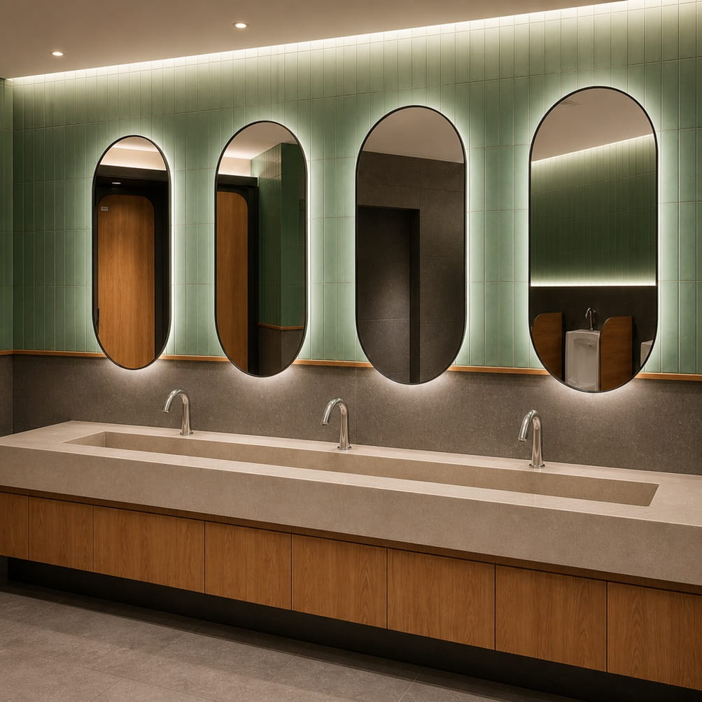 Commercial restroom applications for automatic touchless faucets in public facilities
